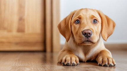A sweet golden Labrador puppy is resting on a wooden floor in a cozy home setting, capturing its lovely eyes and serene mood, perfect for pet lovers and home enthusiasts.