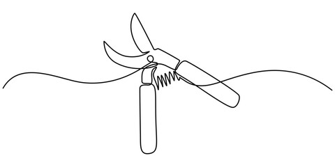 Continuous one line drawing secateurs. Gardening scissors vector hand drawn silhouette clipart. Sketch isolated on white background, Gardening Pruning Shears or Cutters Single Line Drawing.