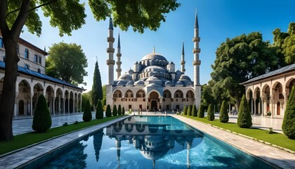 Naklejka premium Majestic mosque reflection istanbul architectural photography sunny day wide angle cultural heritage
