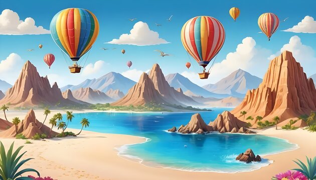 Colorful hot air balloons over tropical beach scenic landscape daytime aerial view adventure