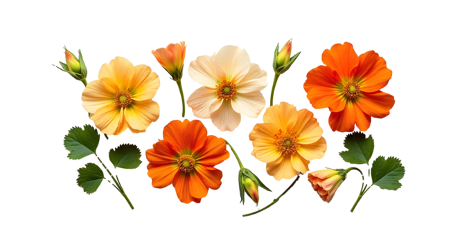 Nasturtium flowers and leaves on arranged white background, floral flat lay, copy space
