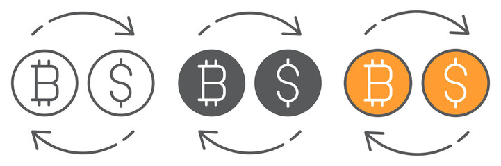 Bitcoin to dollar exchange icon collection, btc and usd, currency exchange vector icon set, vector graphics, editable stroke outline sign, eps 10