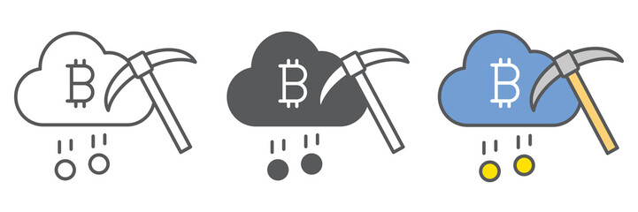 Cloud mining icon collection, cryptocurrency and bitcoin, cloud with pickaxe vector icon set, vector graphics, editable stroke outline sign, eps 10