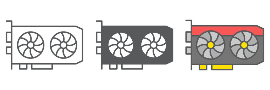 GPU card icon collection, hardware and bitcoin mining, graphic card vector icon set, vector graphics, editable stroke outline sign, eps 10