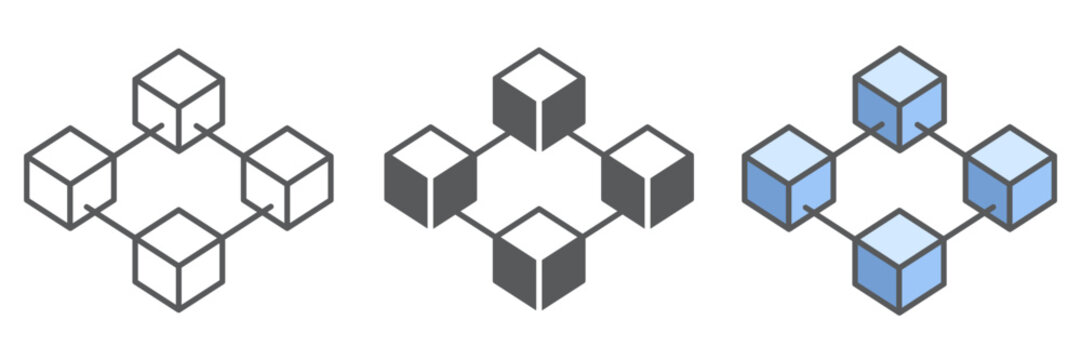 Blockchain icon collection, cryptocurrency and bitcoin, four cube vector icon set, vector graphics, editable stroke outline sign, eps 10