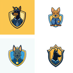 Cartoon Dog Police Officer Logos Collection On Shields Various Breeds Badge Style