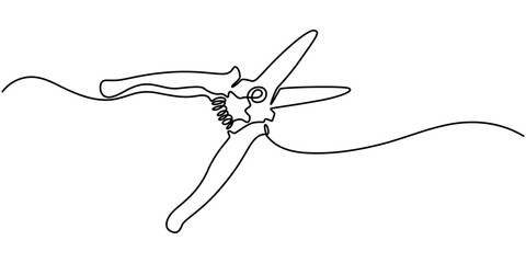 Continuous one line drawing secateurs. Gardening scissors vector hand drawn silhouette clipart. Sketch isolated on white background, Gardening Pruning Shears or Cutters Single Line Drawing.