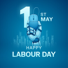 Happy Labor Day. Happy International Workers' Day. Concept of congratulating artificial intelligence helping to work. Robot hand holding computer mouse. Vector 3D illustration.