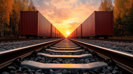 A captivating view of train tracks stretching into a vibrant sunset, capturing the beauty of nature and the allure of travel along the railway.