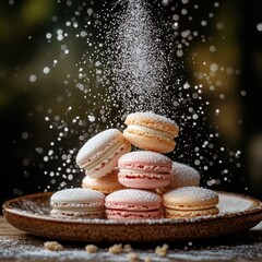 Fototapeta premium Delicate macarons showered in powdered sugar.