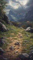 A desolate mountain path, strewn with skeletal remains, under a stormy sky.