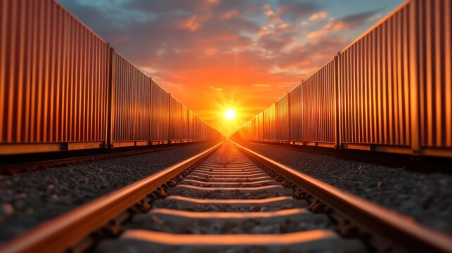 This stunning image showcases a sunset over railway tracks flanking colorful shipping containers, highlighting the harmony of transport technology with nature's beauty.