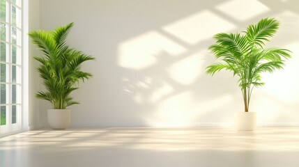 Obraz premium Sunlit minimalist room interior with two potted palm plants.