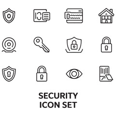 Set of Security web icons in line black style. Guard, cyber security, password, smart home, safety, data protection, key, shield, lock, unlock, eye access. Security outline icon set.