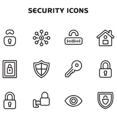 Fototapeta premium Set of Security web icons in line black style. Guard, cyber security, password, smart home, safety, data protection, key, shield, lock, unlock, eye access. Security outline icon set.