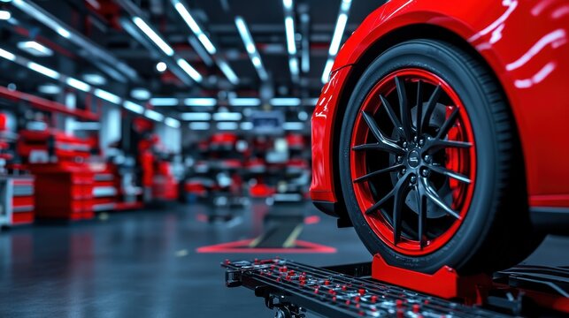 Red sports car on a lift in a modern garage. The car's sleek design and red accents stand out against the dark background.