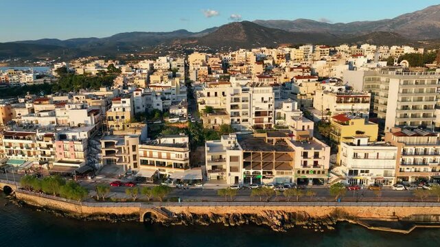 Agios Nikolaos coastal city skyline on the Greek island of Crete, Aerial view