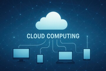 An illustration depicting cloud computing, showcasing various devices like a laptop, desktop, and mobile phone connected to a cloud. Perfect for representing digital innovation.