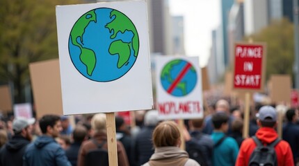 Climate change protesters rally for action city streets event photography urban environment eye-level viewpoint