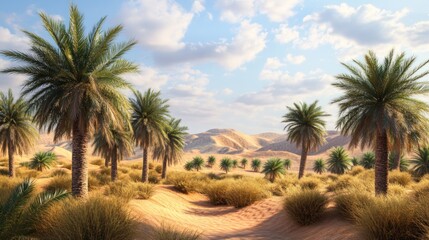 Fototapeta premium Oasis in the desert. Lush palm trees amidst golden sand dunes. Sunny, tranquil scene