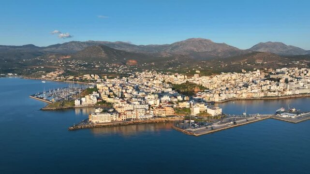 Agios Nikolaos coastal city skyline on the Greek island of Crete, Aerial view