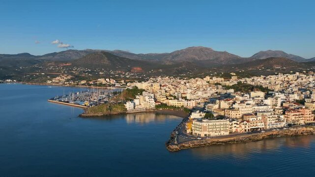 Agios Nikolaos coastal city skyline on the Greek island of Crete, Aerial view