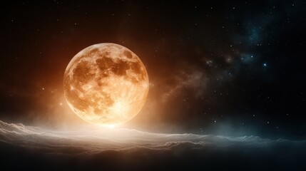 Obraz premium A mesmerizing view of a large moon rising above a cloudy horizon, set against the backdrop of a star-filled galaxy, evoking feelings of wonder and cosmic beauty.