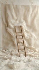 Surreal Dreamlike Scene with Wooden Ladder Leading into Fluffy Cloud-Like Landscape in Soft Tones Creating a Fantastical Atmosphere