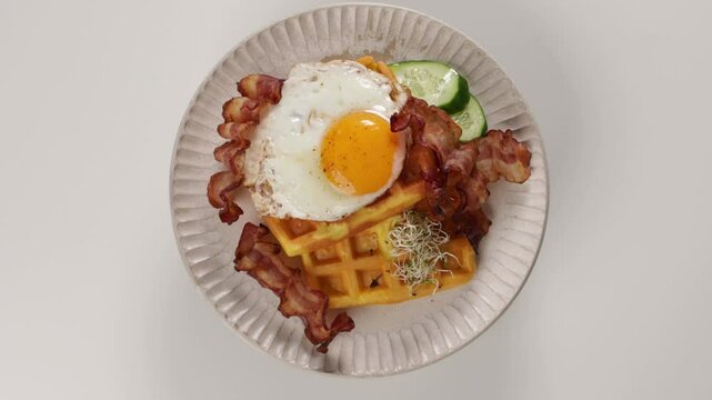 egg and bacon breakfast waffles on plate rotation food