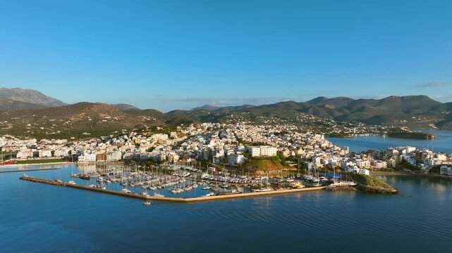 Agios Nikolaos coastal city skyline on the Greek island of Crete, Aerial view