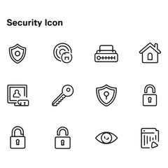 Set of Security web icons in line black style. Guard, cyber security, password, smart home, safety, data protection, key, shield, lock, unlock, eye access. Security outline icon set.