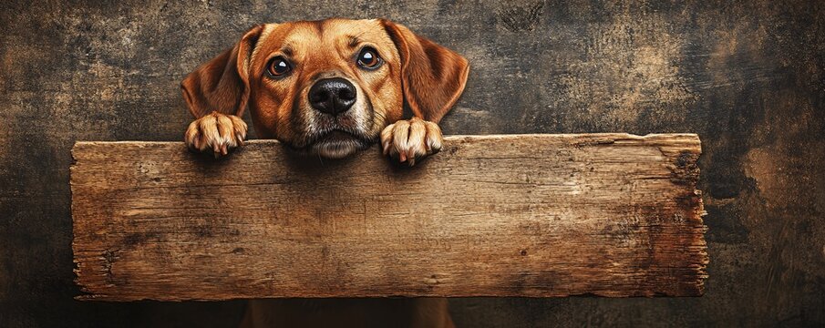 Brown dog holds a blank wooden sign with its paws against a dark backdrop