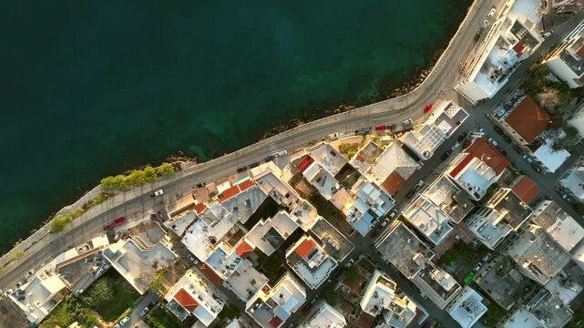 Agios Nikolaos coastal city skyline on the Greek island of Crete, Aerial view