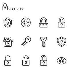 Set of Security web icons in line black style. Guard, cyber security, password, smart home, safety, data protection, key, shield, lock, unlock, eye access. Security outline icon set.