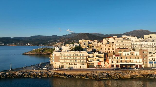 Agios Nikolaos coastal city skyline on the Greek island of Crete, Aerial view