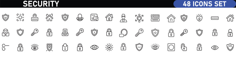 Set of Security web icons in line black style. Guard, cyber security, password, smart home, safety, data protection, key, shield, lock, unlock, eye access. Security outline icon set.