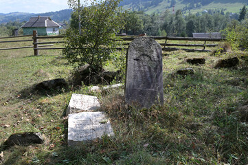 Tombstones at the old Jewish cemetery in the village of Iltsi, Verkhovyna District, Ukraine.