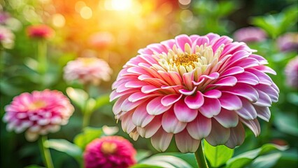 Fototapeta premium Zinnia Flower Closeup, Sunlight, Green Landscape, Ecology Wallpaper, Nature Photography