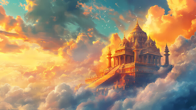A picturesque view of the ayodhya ram mandir framed by colorful sky and clouds, symbolizing peace and spirituality. Sacred Bastion. Illustration