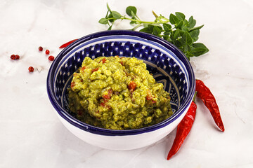 Guacamole with avocado, tomato and chili