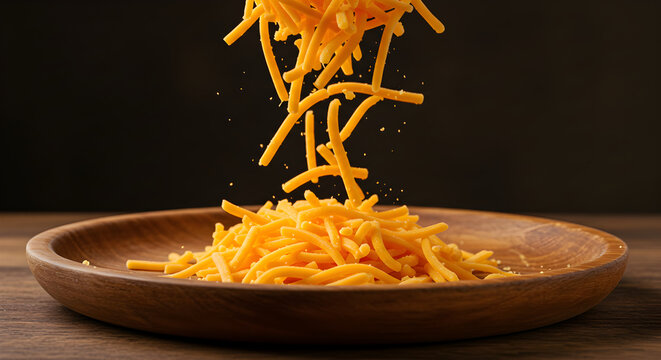 Shredded Cheddar Cheese Falling Into a Wooden Bowl Against Black Backdrop