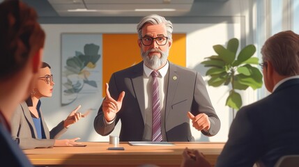 Senior business man doing presentation, planning and talking in a meeting, seminar or training workshop in a boardroom. Manager sharing ideas, teaching and coaching new employees during conference