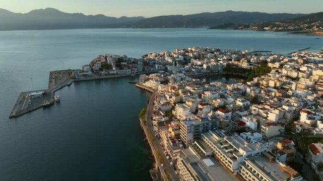 Agios Nikolaos coastal city skyline on the Greek island of Crete, Aerial view