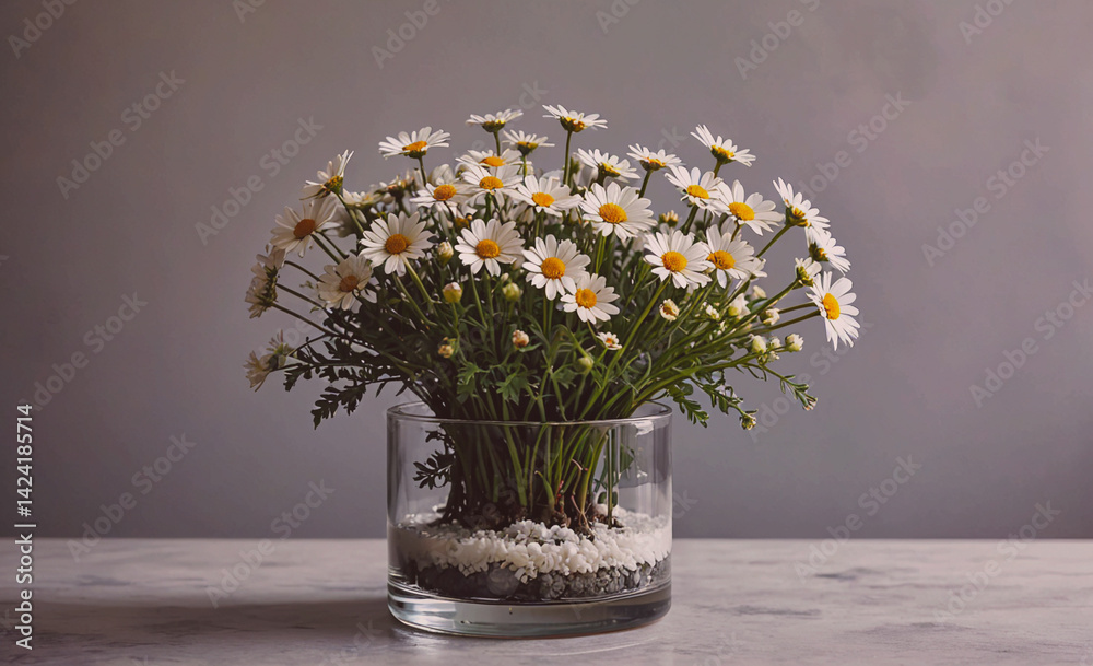 Poster vase of white flowers sits on a table. the flowers are in a glass vase and are arranged in a way tha