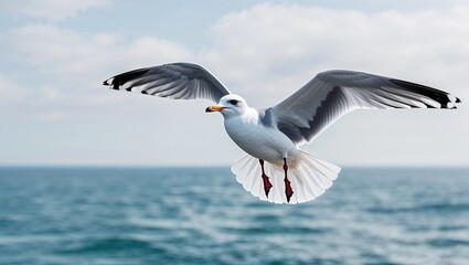 Naklejka premium Seagull In Flight With Wide Wingspan Above The Blue Sea Waters