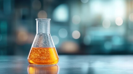A single flask filled with a shimmering orange substance, highlighted against a blurred background, symbolizing the beauty and mystery of scientific exploration and experimentation.