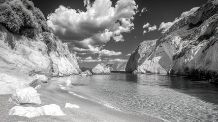 Secluded cove beach, clear water, rocky cliffs, cloudy sky, idyllic vacation