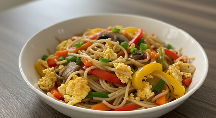 Savory Noodle Stir-Fry Bowl With Colorful Vegetables And Scrambled Eggs