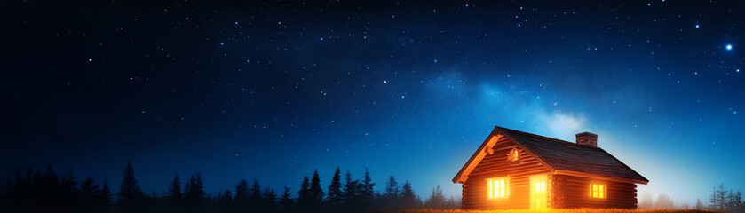 A charming cabin illuminated at night, surrounded by a starry sky, offering a peaceful escape into nature's beauty.