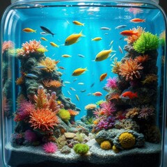 Naklejka premium Vibrant Reefscape: Miniature Underwater World in Glass Jar